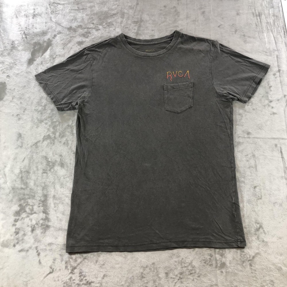 RVCA Shirt Mens Large Gray Aged Dryhand Tee Chest Pocket Til Death Back Graphic
