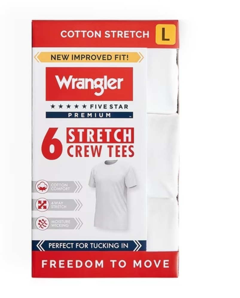 Wrangler Five Star Premium Stretch Crew Neck Tee 6-Pack White L Moisture Wicking