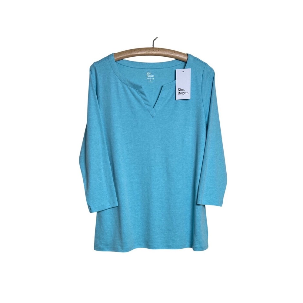 Kim Rogers Split Neck Top Men Medium Turbo Turq 3/4 Sleeve Soft Knit Casual F03