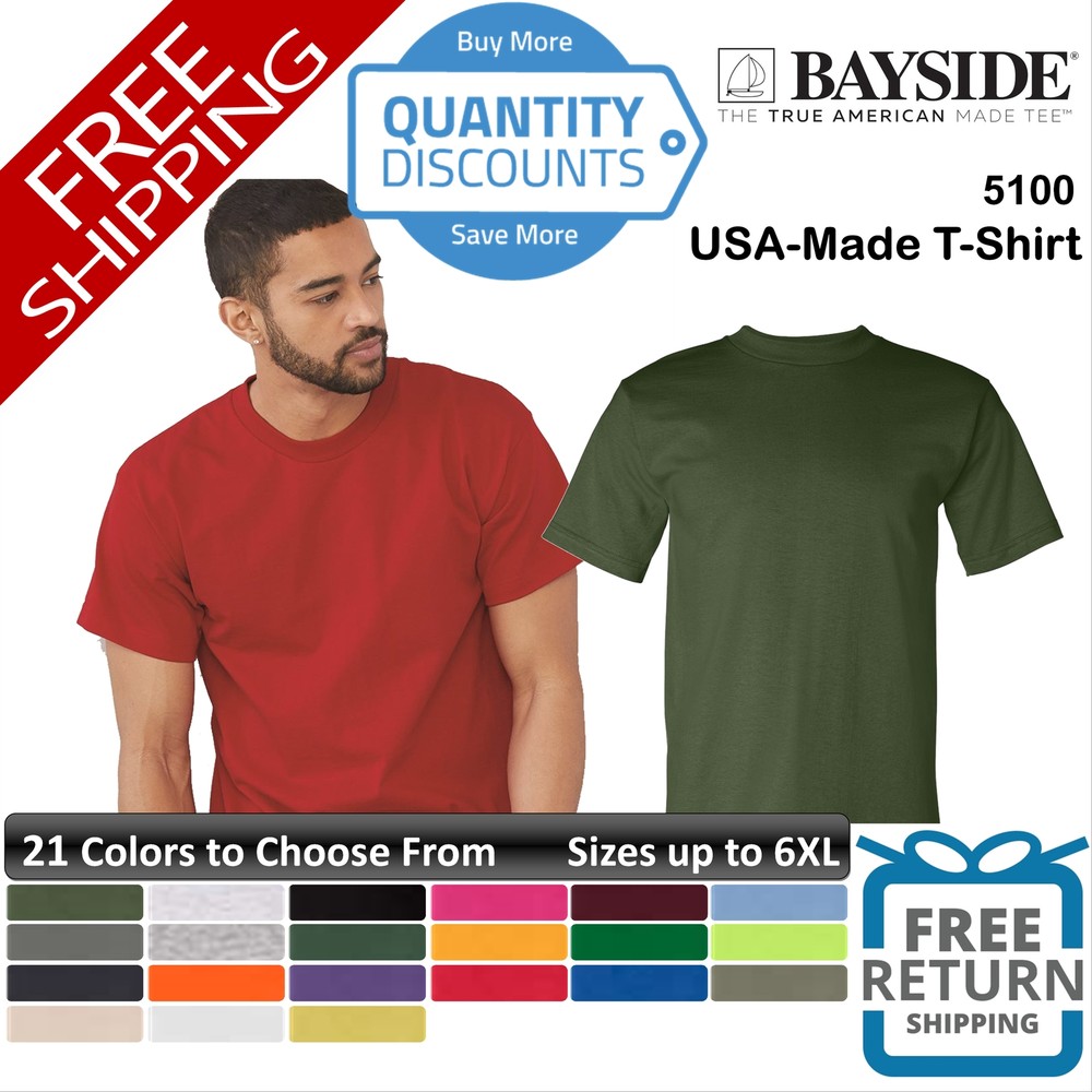 🔥 Bayside Men Usa-made Short Sleeve Pre-shrunk Cotton T-shirt Up To 6XL 5100