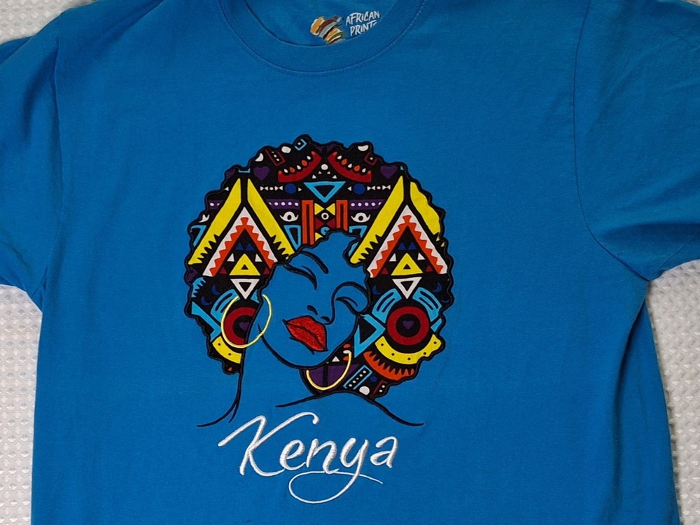 Kenya Africa Embroidered Colorful Souvenir Blue T-shirt Size L African Prints