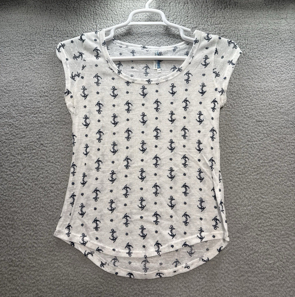 Wallflower Womens L Anchor Print T-Shirt Navy Anchors Nautical Coastal Cruise