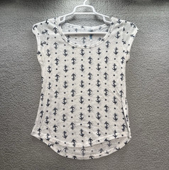 Wallflower Womens L Anchor Print T-Shirt Navy Anchors Nautical Coastal Cruise