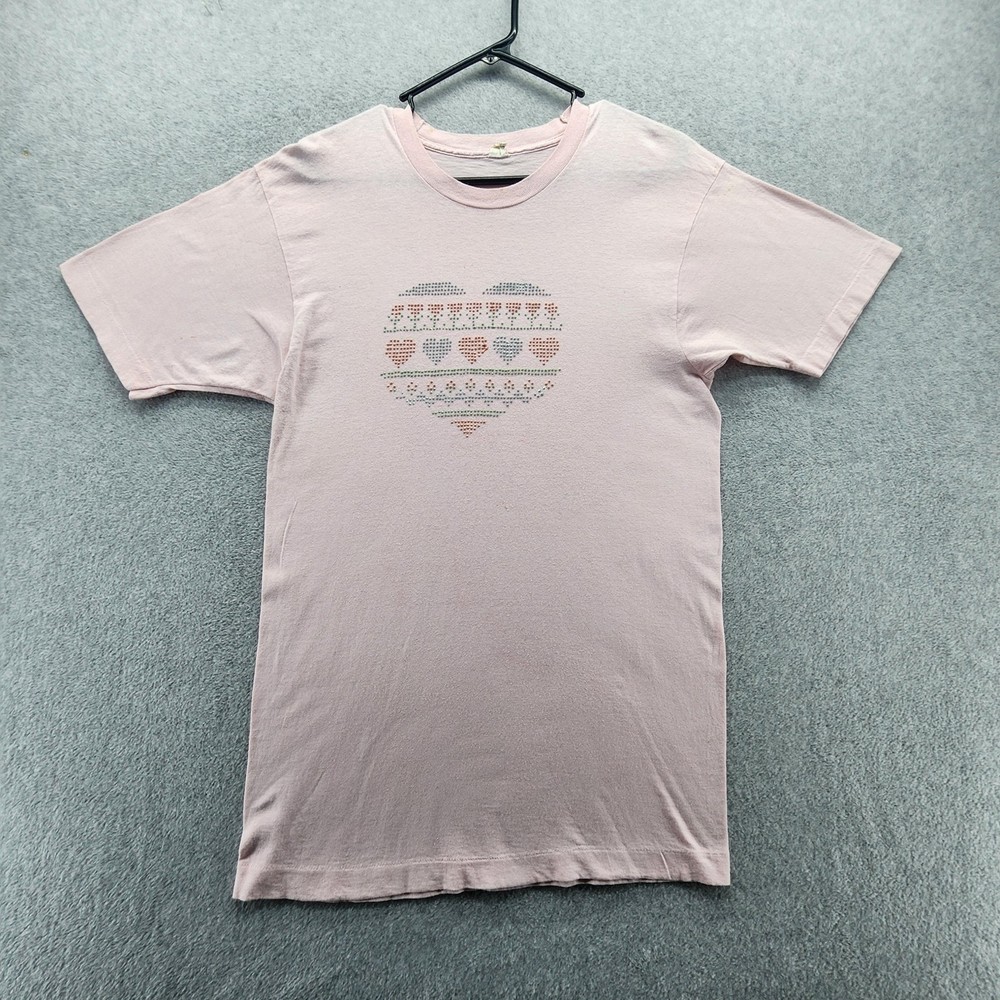 Vintage Fruit Of The Loom Shirt Mens Large Pink Rhinestone Heart Graphic Tee 80s