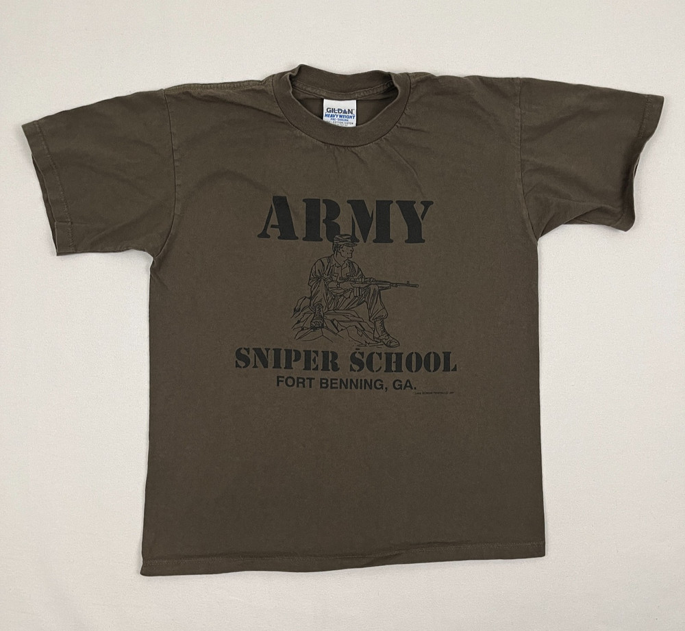 VTG 90s Army Sniper School Shirt Adult Men S Green Brown Graphic Fort Benning GA