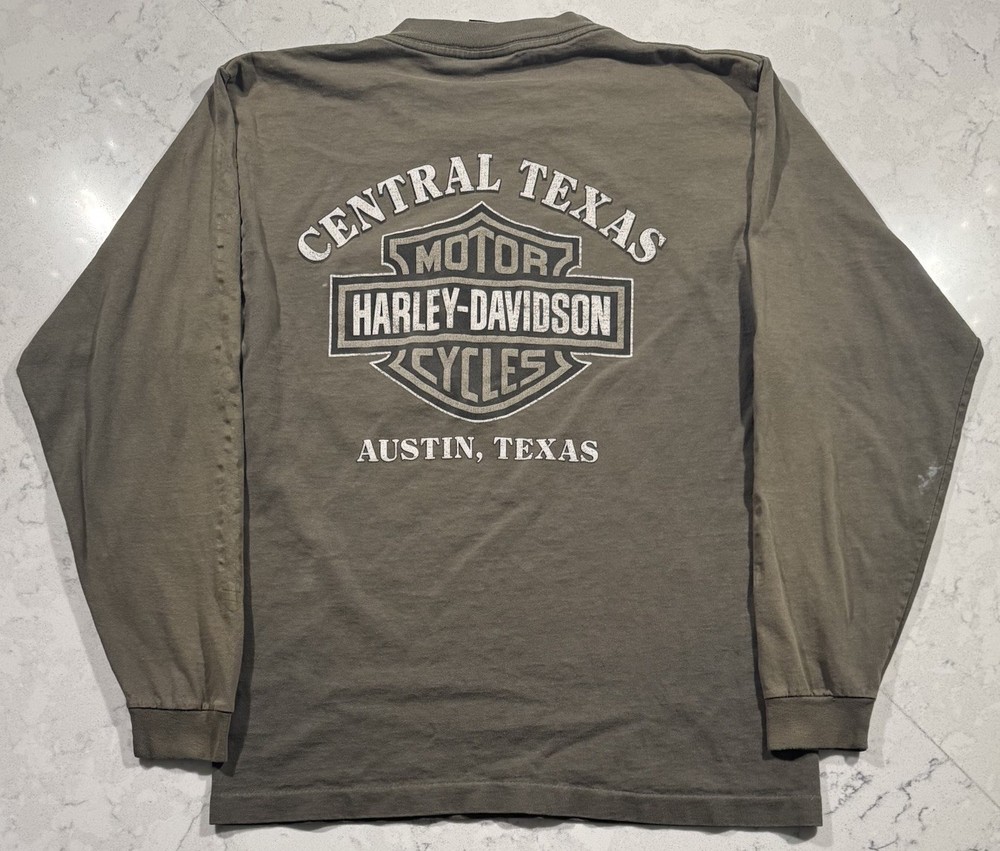 VTG Harley Davidson T-Shirt Mens Medium Green Long Sleeve ATX Central Texas USA