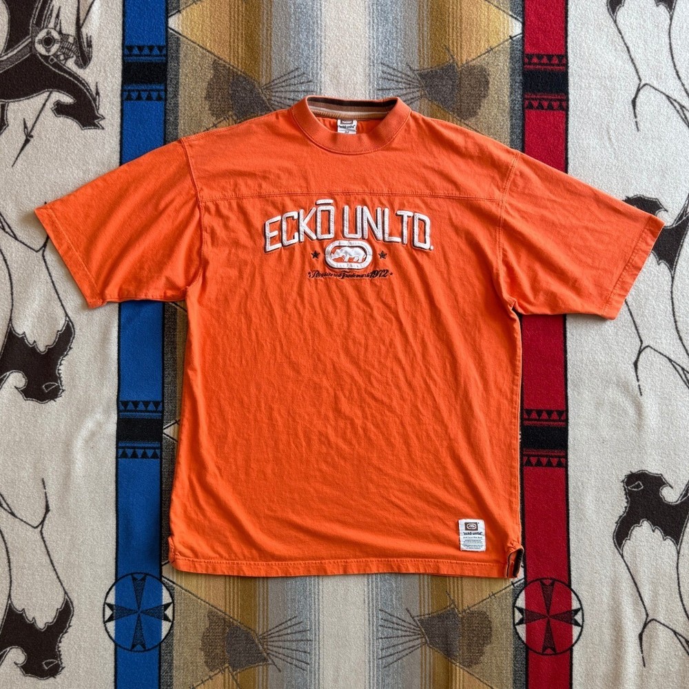 Vintage Ecko Unltd Orange Embroidered Rhino Logo T-Shirt XXL Streetwear Y2K
