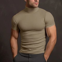 Men Solid Color Mock Neck Short Sleeve Tight Fitted Basic T Shirt Slim Casual