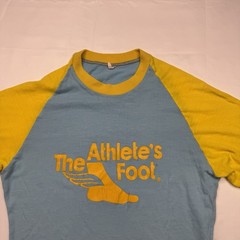 Vintage 70s Athlete’s Foot T-Shirt Medium Single Stitch Blue Yellow Stained