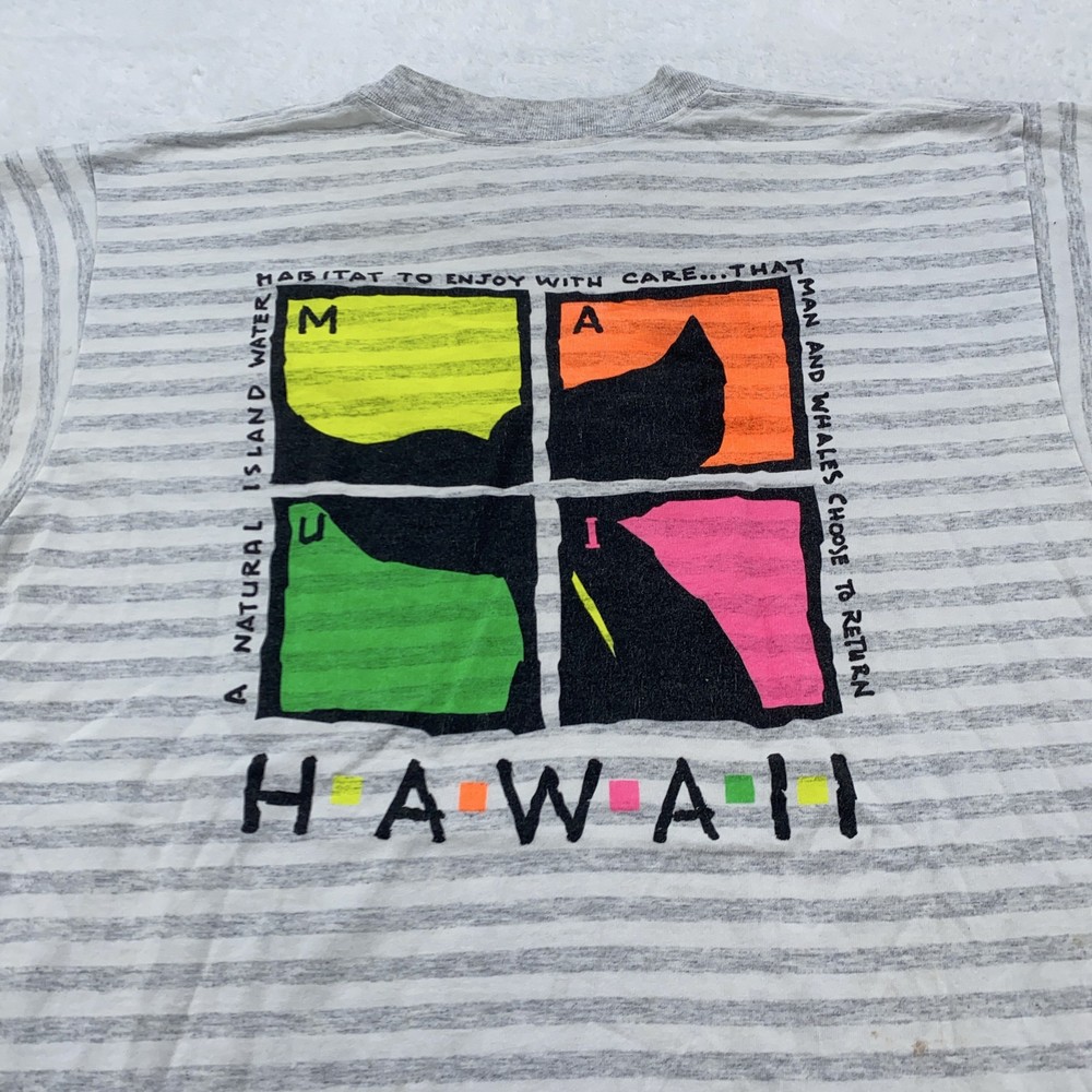 Vintage Maui Hawaii Whale Striped Shirt Mens Large Nature surf beach USA 90s Tee