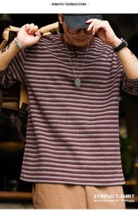 American Casual Striped Men Loose Retro Henry Collar Long-Sleeved T-Shirt Autumn