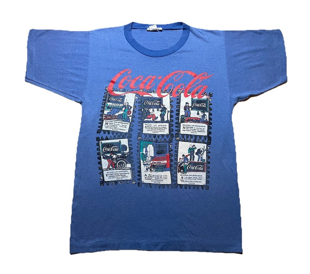 Vintage Coca-Cola Comic Cartoon Men’s Blue T-Shirt Size Large Made in USA 90s