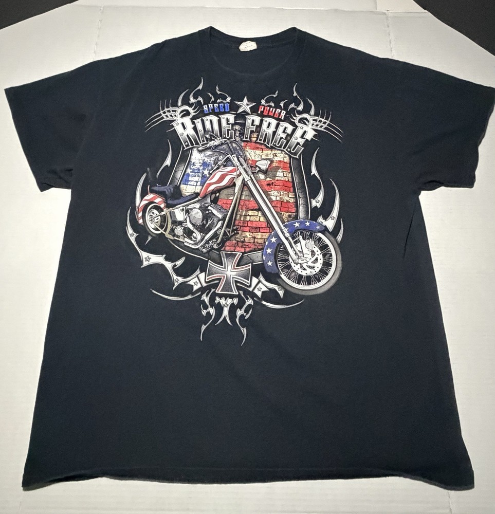 1990s Ride Free Motorcycle Tee Black, Red, White, Blue, and Chrome Vintage XL