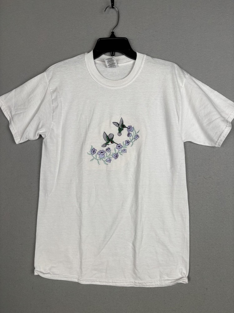 Jerzees Shirt Mens Medium White Hummingbird Floral Embroidered Tee T-Shirt