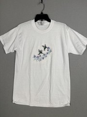 Jerzees Shirt Mens Medium White Hummingbird Floral Embroidered Tee T-Shirt