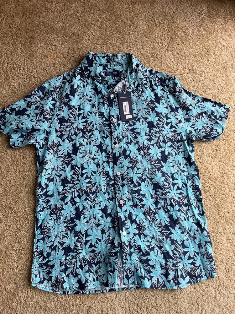 Vineyard Vines Linen Shirt Mens Small Blue Floral Hawaiian Camp NWT Resort