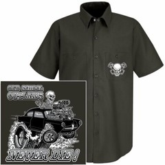 HENRY J KAISER OLD SCHOOL MUSCLE HOT ROD OUTLAW GASSER DRAG CAR SKULL WORK SHIRT