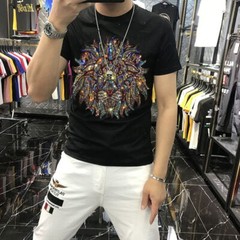 New Fashion Lion Trend Rhinestones Short Sleeve Summer Luxury Men T-Shirt