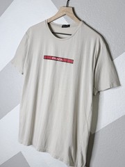 Prada Logo Mens XL Slim Fit Beige Graphic T Shirt Red Box Logo Cotton