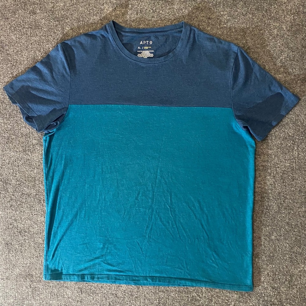 APT.9 T-Shirt Mens XL Teal Navy Color Block Short Sleeve Crew Neck Premier Flex