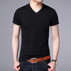 2025 Summer Brand Tops 95% Cotton 5% Spandex t Shirt For Men v Neck Plain Solid
