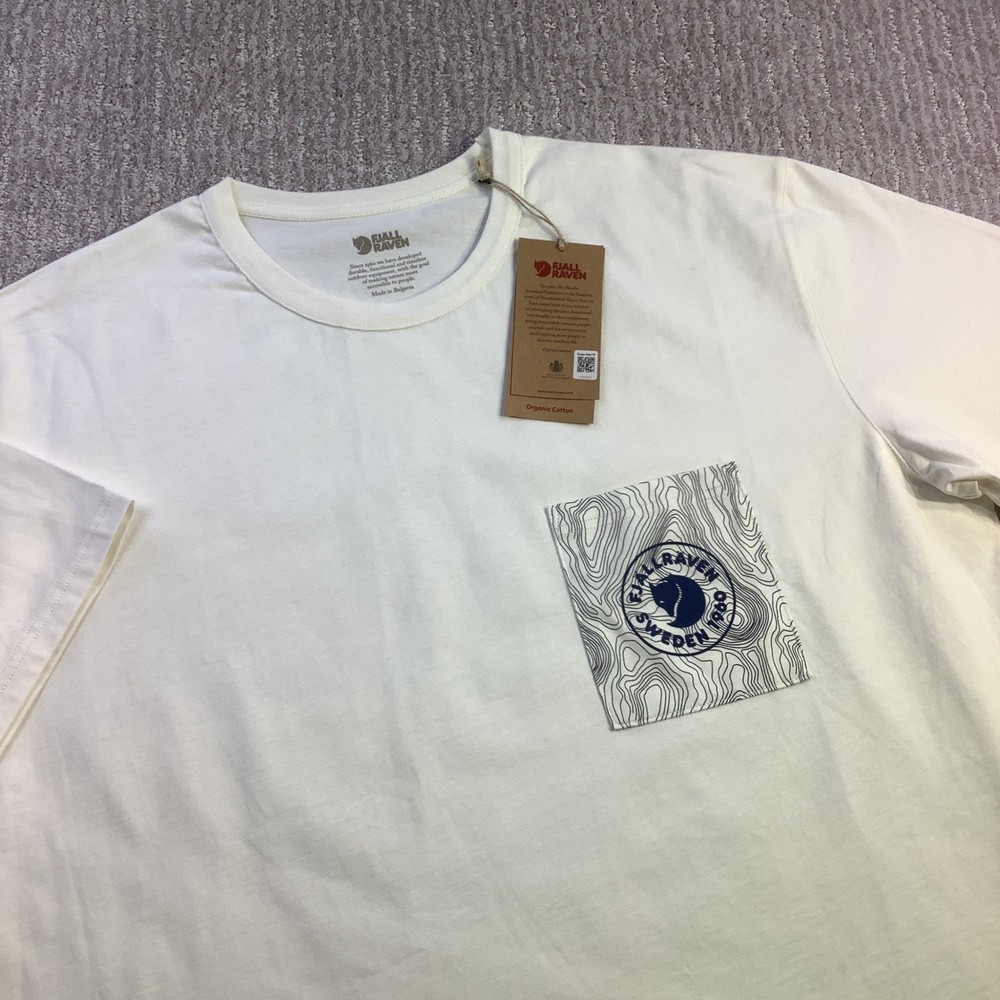 Fjallraven Mens Logo Pocket T-Shirt Eggshell Cream Organic Cotton Size L NWT