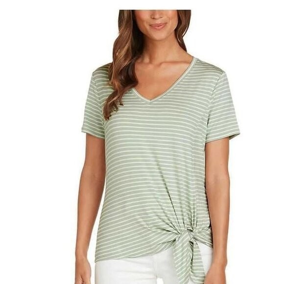 Matty M Women’s Side-Tie Tee V-Neck T-Shirt (Light Olive, Small)