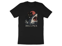 Cute Black Cat Riding Shark, Japanese Kawaii T-Shirt, Funny Cat Lover Gift