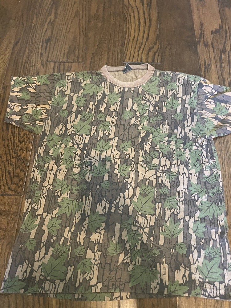 ACE SPORTSWEAR Camo vintage t shirt LARGE Camoflauge Leaf Treebark single stitch