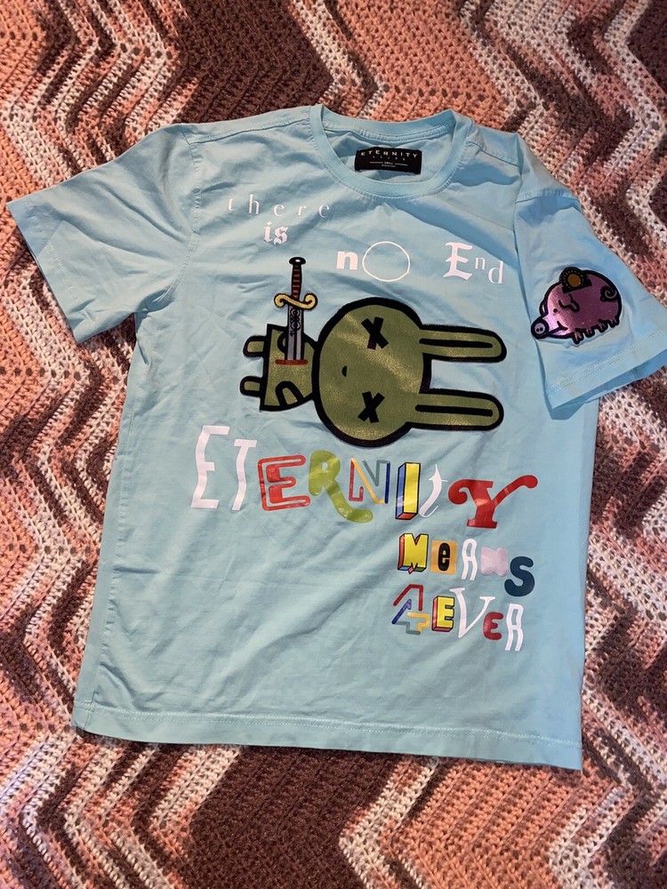 Eternity BC/AD Mens Turquoise Blue Aqua Rabbit Pig Print Shirt Small Embroidered