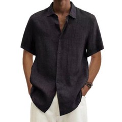 Mens Cotton Linen Short Sleeve Dress Shirt Button Down Loose Blouse Tops Solid