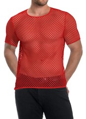 Mens Fishnet Shirt Mesh Top Short Sleeve Fitted Workout Muscle Tees(Red,L)
