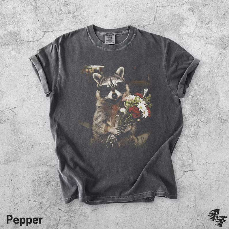 Raccoon Sunglasses Flower Bouquet Comfort Tee