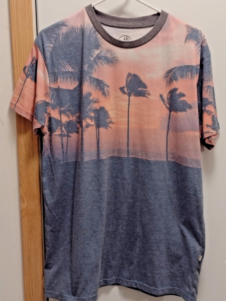 BODY GLOVE VTG. TSHIRT, CORAL & GRAY W/PALM TREES SILOUETTES, SZ L