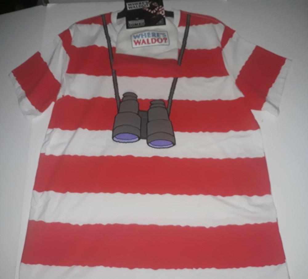 Where’s Waldo Adult Men’s 3XL 48/50 Striped Tee Shirt & Beanie Hat Combo NEW