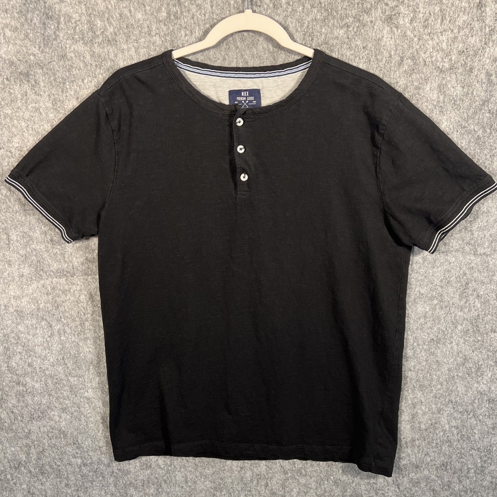 MBX Premium Goods Men’s 3 Button Tee Size Large Black 100% Cotton Short Sleeves