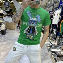 New Fashion Hot Drill Rabbit Cartoon Rhinestones Trend Summer Luxury Men T-Shirt
