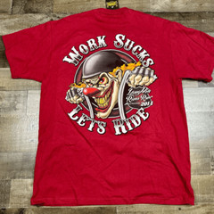 Laughlin River Run Men’s Large 2014 Work Sucks Let’s Ride Shirt Red Crewneck NWT