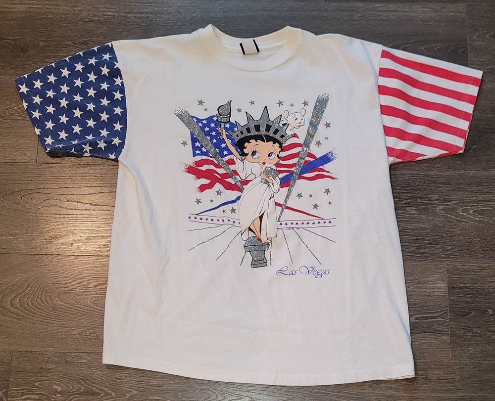 Vintage Betty Boop Diamond Dust XL Las Vegas USA Flag Sleeve T Shirt