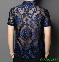 Chic Mens Hollow Out Floral Lace Shirts Short Sleeve Thin Lapel Tops Club Shirts