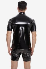 Men’s Sexy Leather Shirt Glossy Full Zipper Short Sleeve Shiny Male X Large