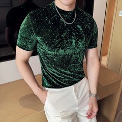 Summer Velvet Pleated Hot Stamping T-shirt for Men’s Fashion Versatile Slim Fit