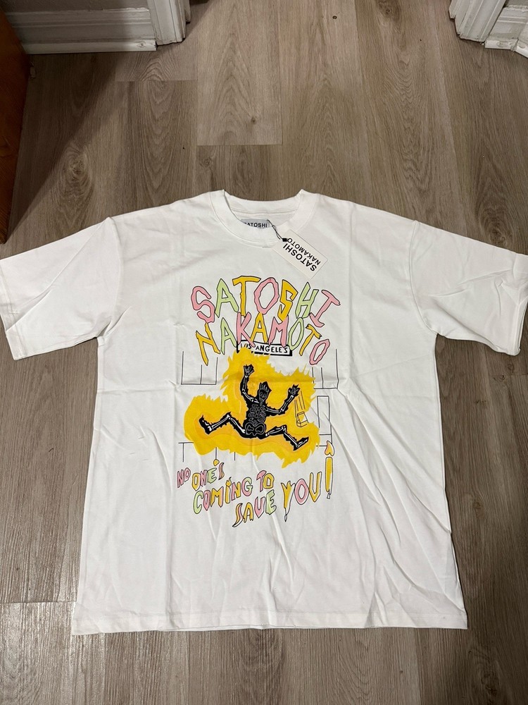 Satoshi Nakamoto Los Angeles Graphic Print Men’s T-Shirt White Crew Neck L