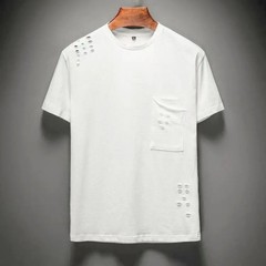 Men’s Stylish Ripped Crew Neck Cotton T-Shirt Slim Fit Short Sleeve Casual Top