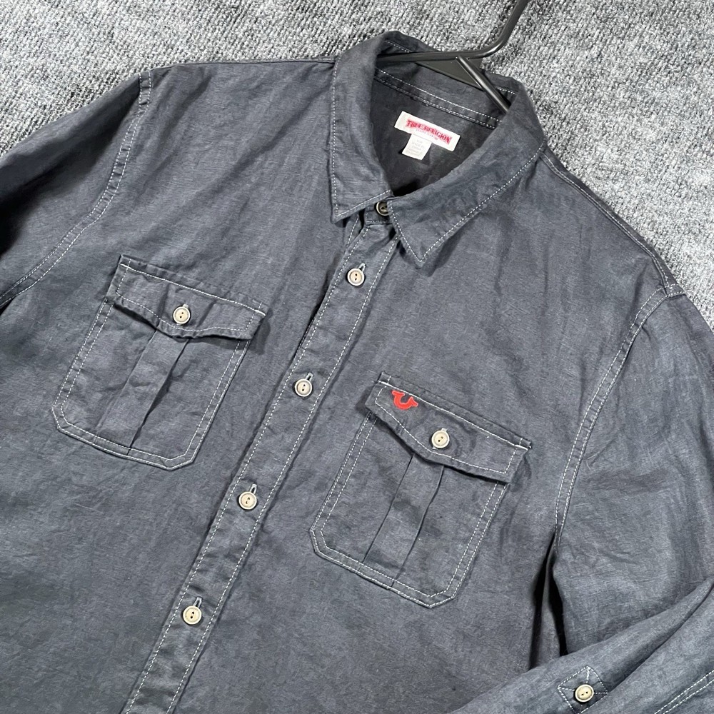True Religion Men’s Long Sleeve Utility Shirt Size M Black Red Logo