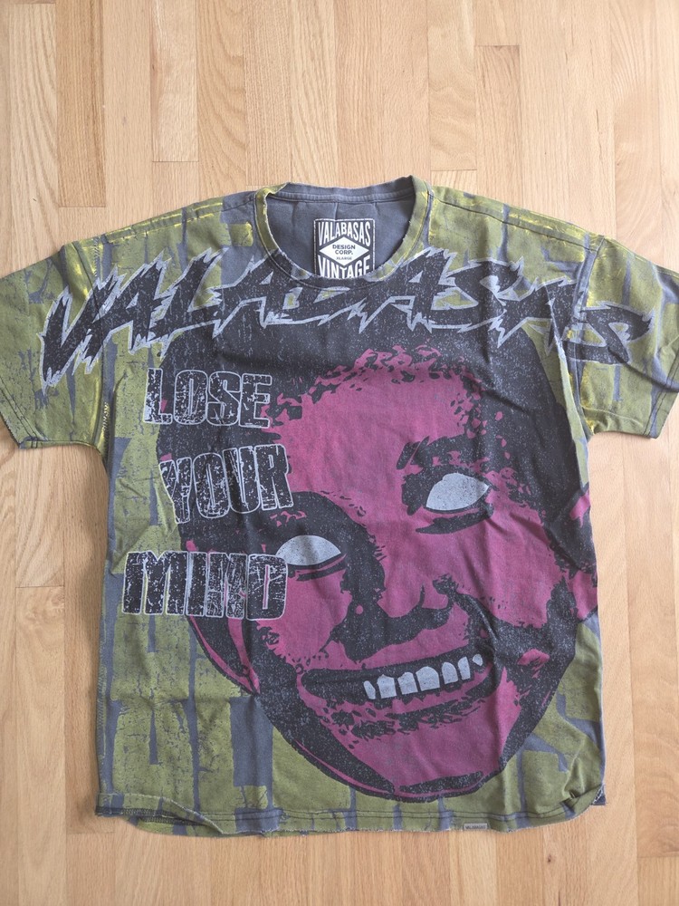 Valabasas Vintage Graphic Print Distressed Hem Men’s T-Shirt XL Green Black Pink