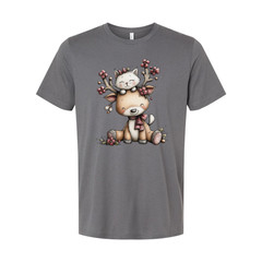 Unisex Christmas T Shirt With Cute Deer And Kitten Graphic Print In Winter Scene
