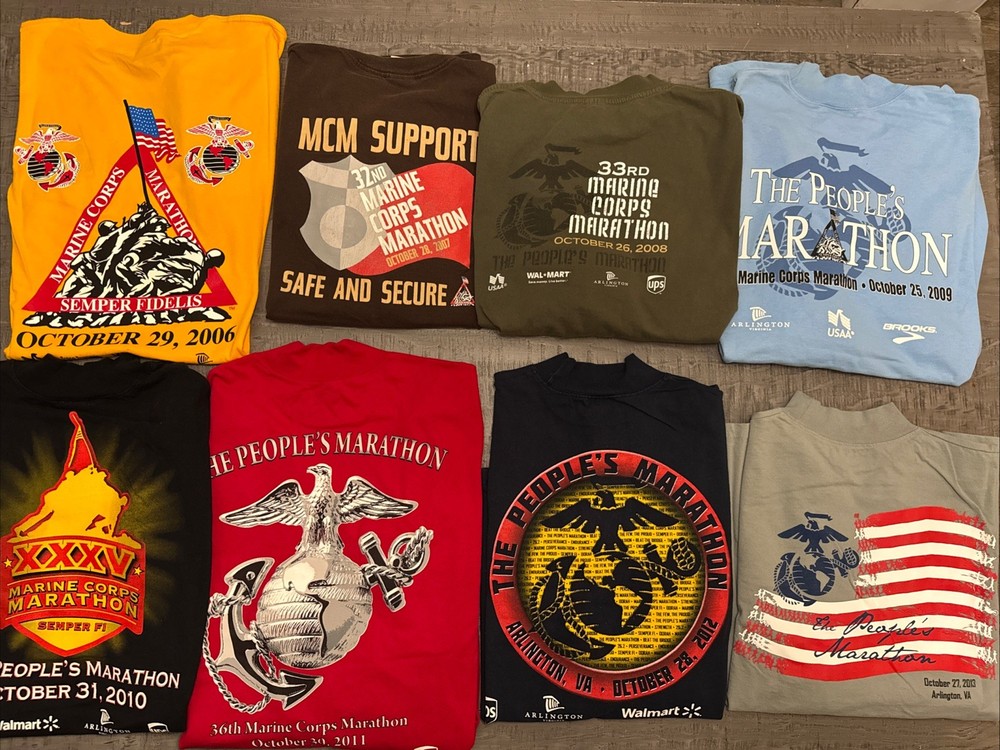 Lot of 8 Marine Corps Marathon Shirts XL 2006–2013 Crew & Mock Turtleneck