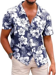 Men’s Hawaiian Floral Shirt Summer Casual Button Down Beach Vacation Top