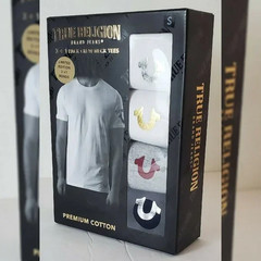 TRUE RELIGION LOUNGEWEAR 3 + 1 PACK CREW NECK TEES MEN SZ M METALLIC LOGO W/G/B